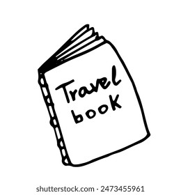 Vector isolated illustration of travel notepad. Drawn book for traveler's notes. Black and white doodle illustration of travel book.