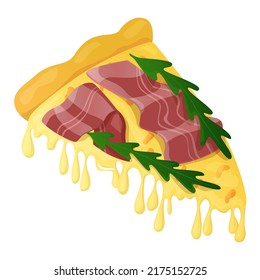 Vector isolated illustration with a triangular slice of pizza Valtellina on tomato sauce with a stretching mozzarella cheese. Among ingredients are Tomato sauce, mozzarella, bresaola, cheese, arugula.
