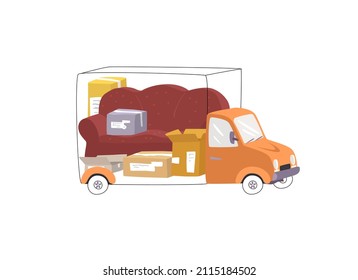Ilustración aislada de vectores con un camión y cajas de muebles en un remolque. El concepto de traslado, transporte, transporte de carga.