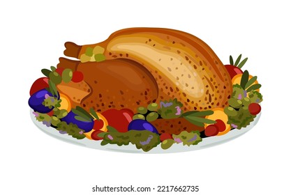 Vector isolated illustration of turkey with vegetables on a plate. Thanksgiving concept.