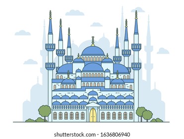Vector isolated illustration of turkish blue mosque in Istanbul. Religious Islamic and Byzantine architecture, national attractions. Picture for travel, tourism, attractions. Minarets, a prayer place
