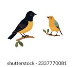 Vector isolated illustration of two birds sitting on a branch on a white background.