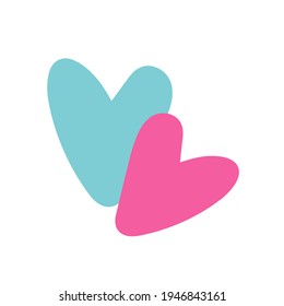 Vector isolated illustration with two enamored hearts pink girl and blue boy. Joyful hearts hand-drawn flat in cartoon cute childish style. Print, poster, valentine's day card.