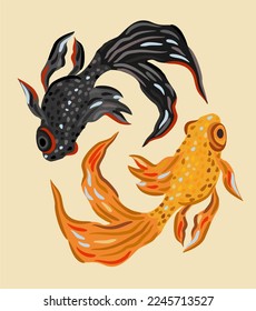 Vector isolated illustration of two fishes, golden and black, floating in circles