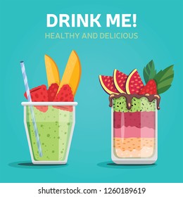 Vector isolated illustration of two fresh fruit smoothies, one of them with a striped straw. Healthy cocktails. Mango, melon, raspberry, avocado, figs, mint, raspberry, avocado, kiwi, strawberry