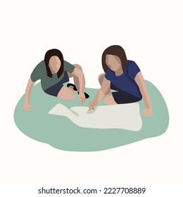 Vector isolated illustration of two girls looking for a way on a map.