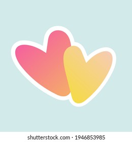 Ilustración aislada vectorial con dos corazones. Rosa, melocotón, amarillo, delicado. Corazones alegres dibujados a mano en dibujos animados lindo estilo infantil. Imprimir, afiche, tarjeta de San Valentín. Pegatina