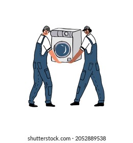 Vector isolated illustration with two movers carrying a washing machine on their hands. The concept of moving, cargo transportation, delivery, installation of home appliances.