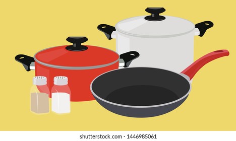Vector Isolated Illustration of Two Pots, a Pan, Pepper and Salt
