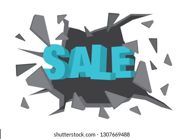 Vector isolated illustration of a typography 3D phase Sale breaking through the wall. Concept of sale and promotion.