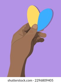 Vector ilustra de manera aislada la donación de Ucrania. Una mano sostiene un corazón en los colores de la bandera ucraniana. Ayuda a Ucrania.