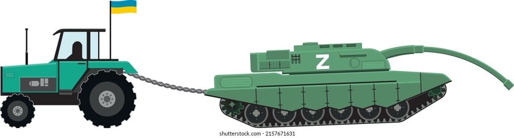 Vector isolated illustration. Ukrainian tractor stealing russian tank. Russia-Ukraine war.