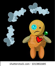 Vector isolated illustration with unhappy cartoon style woodoo doll; pierced with iron pin rag heart of cute comic character; magic love symbol; broken heart and love spells
