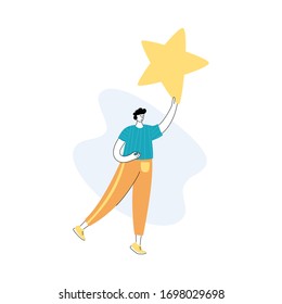 Vector isolated illustration of user feedback and customer review concept. Man standing and holding rating star. Flat illustration on white background. Email banner design