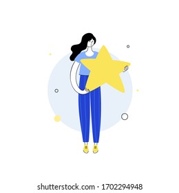 Vector isolated illustration of user feedback and customer review concept. Girl standing and holding rating star. Flat illustration on white background. Email banner design