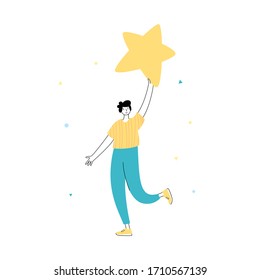 Vector isolated illustration of user feedback and customer review concept. Man standing and holding rating star. Flat illustration on white background. Email banner design