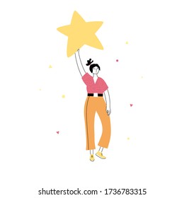 Vector isolated illustration of user feedback and customer review concept. Girl standing and holding rating star. Flat illustration on white background. Email banner design