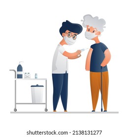 Vector isolated illustration of the vaccination procedure for an elderly man. Concept health and prevention of infectious diseases, immunization, medical procedures.