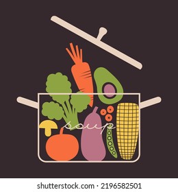 Vector isolated illustration of vegetarian soup of veggies in minimal pan. Flat clip art with vegetables, berries, mushroom, avocado, eggplant, corn, tomato. Healthy nutrition concept for vegan merch.