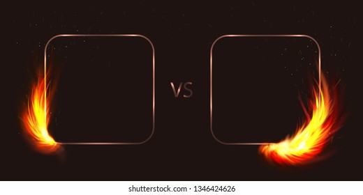 Vector isolated illustration of versus screen with fire flames and vs for duel, battle. Fire transparent. Square fiery frame. magic light banner. 