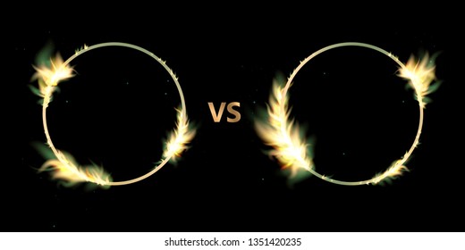 Vector isolated illustration of versus screen with fire flames and vs for duel. Fire transparent. Round fiery circle. Fire magic light burning ring. 