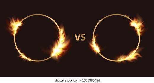 Vector isolated illustration of versus screen with fire flames and vs for duel. Fire transparent. Round fiery circle. Fire magic light burning ring. 