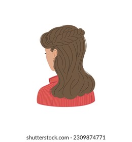 Vector isolated Illustration of vintage hairstyle of a lady with brown brunette hair long flowing with a pigtail on top. Back view, look from behind. Beauty fashion salon concept on white background