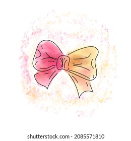 Vector isolated illustration of watercolor bow and line contour with paint splashes. Pink, yellow and black