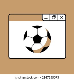 Vektorgrafik einzeln eines weißen Webfensters mit einem Fußballball auf beigem Hintergrund. Minimales Sportmediensymbol