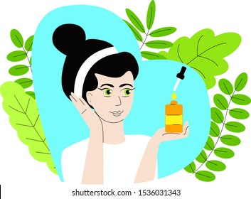 Vector isolated illustration where an attractive woman holding a bottle of facial oil, background decorated with leaves. The concept of using useful oils in cosmetology, dermatology.