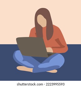 Vector isolated illustration of a white girl working with a laptop.