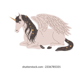 Vector isolated illustration of white horse with wings and horn, black mane and tail with flowers. Mythological creature Pegasus. Cartoon fairy tale unicorn, fantastic horse character.