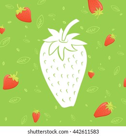vector isolated illustration. white silhouette of strawberries on background green pattern. strawberries simple silhouette
