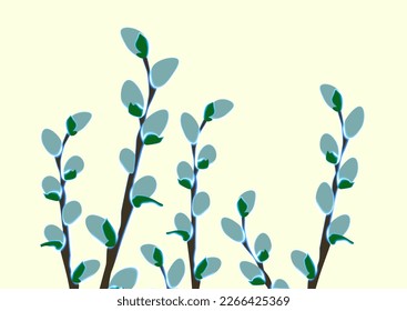 Vector isolated illustration of willow twigs. Greeting Easter card. Palm Sunday holiday.