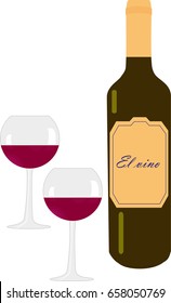 Vector isolated illustration of wine's bottle and two glasses