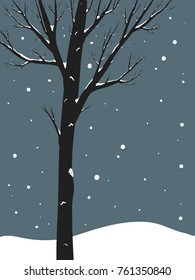 Vector isolated illustration of a winter tree silhouette under snow. Christmas card, flat design, vertical background