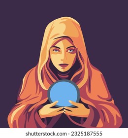 Vector isolated illustration of a witch with a magic ball. Prediction of the future.