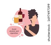 Vector isolated illustration of a woman avoiding alcohol and cigarettes in a flat design style. Girl female character in a modern style. Avoid tobacco, beer, vine, smoking, drinking.