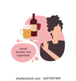Vector isolated illustration of a woman avoiding alcohol and cigarettes in a flat design style. Girl female character in a modern style. Avoid tobacco, beer, vine, smoking, drinking.
