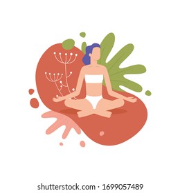 Vector isolated illustration of woman doing yoga lotus pose in a flat design style. Girl character. Meditation practice in a modern style with leaves and abstract shape as a background