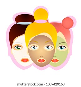 Vector isolated illustration of woman with facial cosmetic mask. Female with golden mask, green seaweed mud and white clay peeling. Design for beauty salon, face cosmetology procedures and spa.