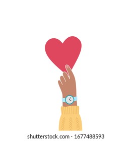 Vector isolated illustration of woman hand with heart. Feedback and customer review concept. User satisfaction  and love. Flat illustration on white background. 
