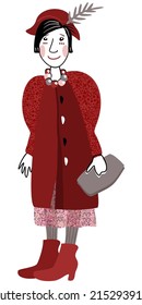 Vector isolated illustration of woman in hat with a feather. Red and black doodle.
