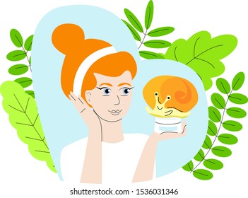 Vector isolated illustration of woman holding a bottle of face cream on which is a snail, background decorated with leaves. The concept of using snail mucus in cosmetology, dermatology.