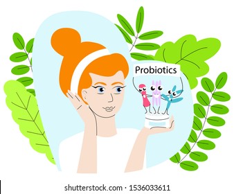 Vector isolated illustration of a woman holding bottle of face cream on which there are probiotics, background is decorated with leaves. The concept using probiotics in cosmetology, dermatology.