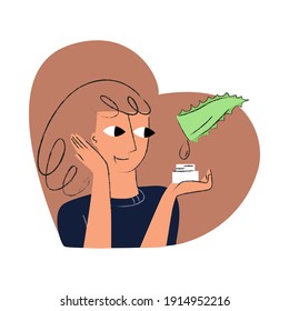 Vector isolated illustration with woman holding jar of cream in her hand, where juice of aloe leaf drips. Concept skin care, face care, beauty, youth, health, cosmetology, medicine. 