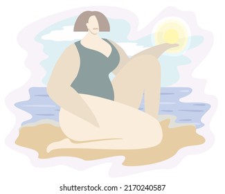Vector isolated illustration of woman sitting on the sand near the sea and holding sun on her hand.
