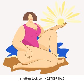 Vector isolated illustration of woman sitting on the sand near the sea and holding sun on her hand.