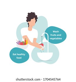 Vector isolated illustration of a woman washing healthy fresh fruits and vegetables in a flat design style. Girl female character in a modern style during coronavirus crisis.