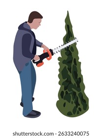 Vector isolated illustration of a worker cutting thuja. Thuja cutting service. Garden care.